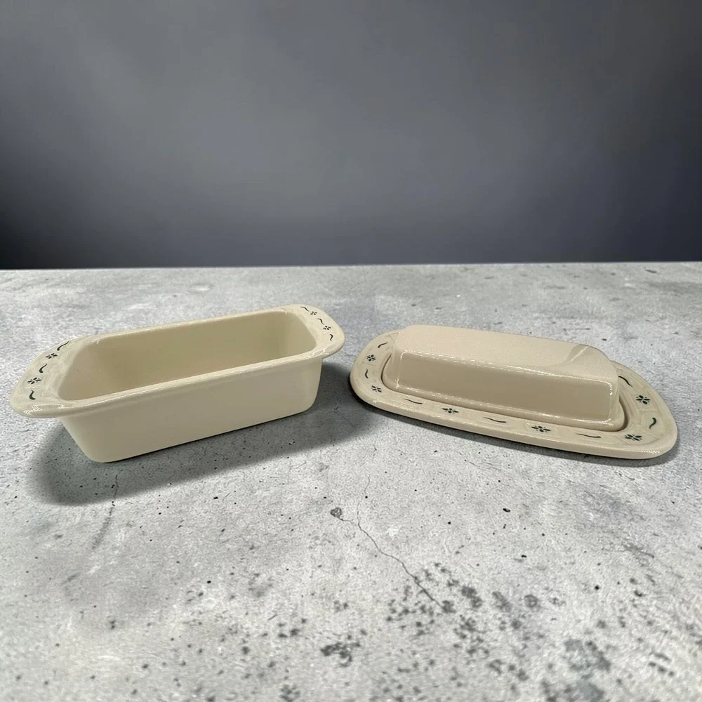 Longaberger Woven Traditions Butter Dish and 1 Pint Loaf Pan Set Ivory USA Made